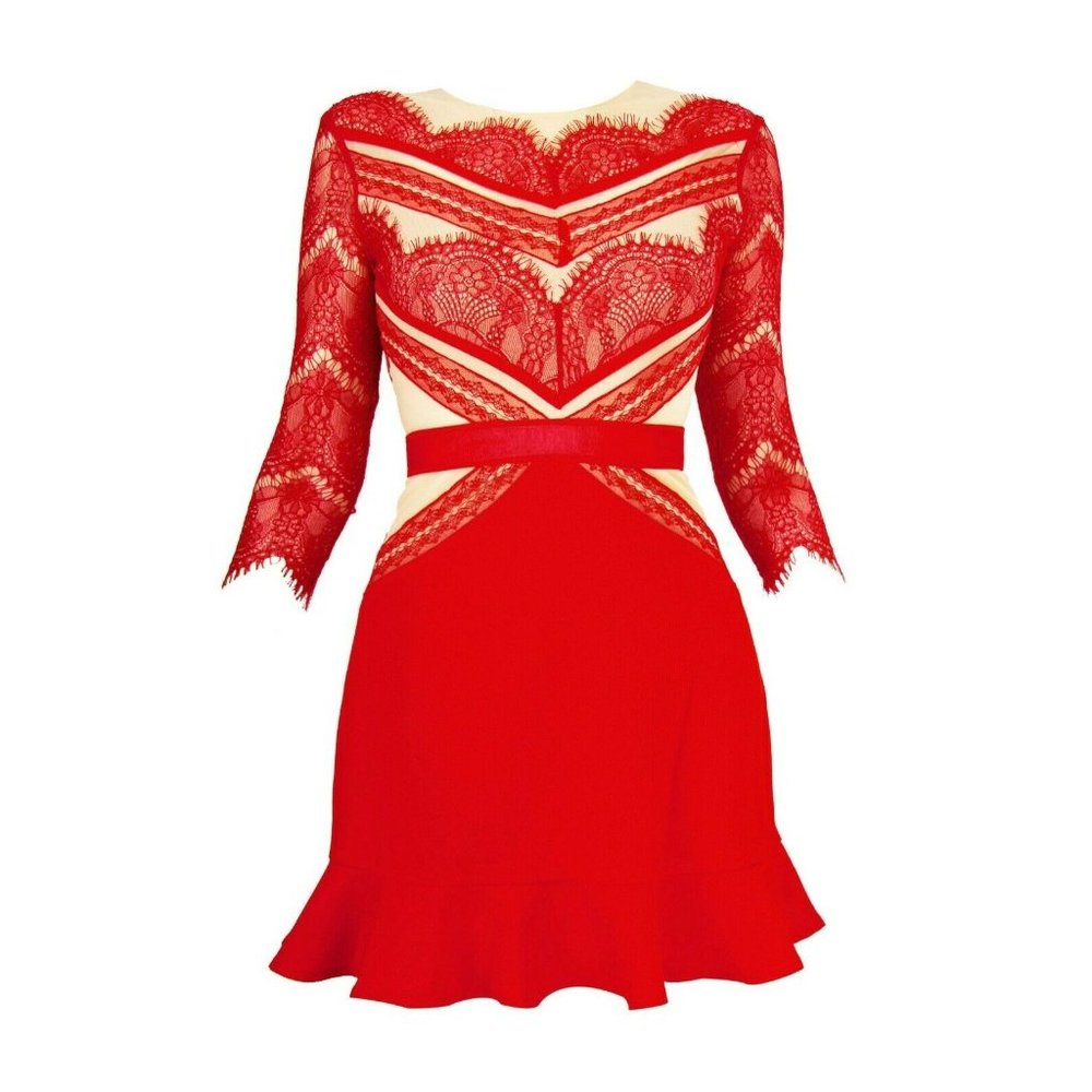 Red Nude Mesh Lace Flared Ruffle Hem Dress XS/S